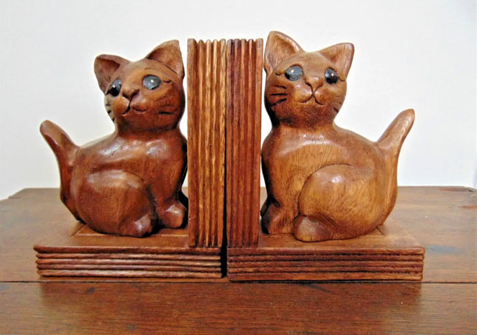 Cat Bookends Vintage Style Hand Carved Wooden Ornaments Home Decoration Gift