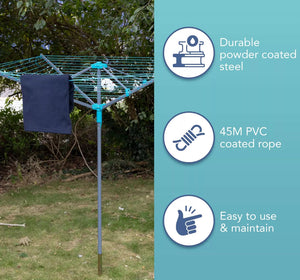 45Metre 4 Arm Rotary Washing Line Clothes Dryer & Ground Spike