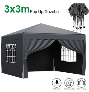 3x3M 3 Metre Pop Up Marquee Gazebo with 4 Sides Black Waterproof