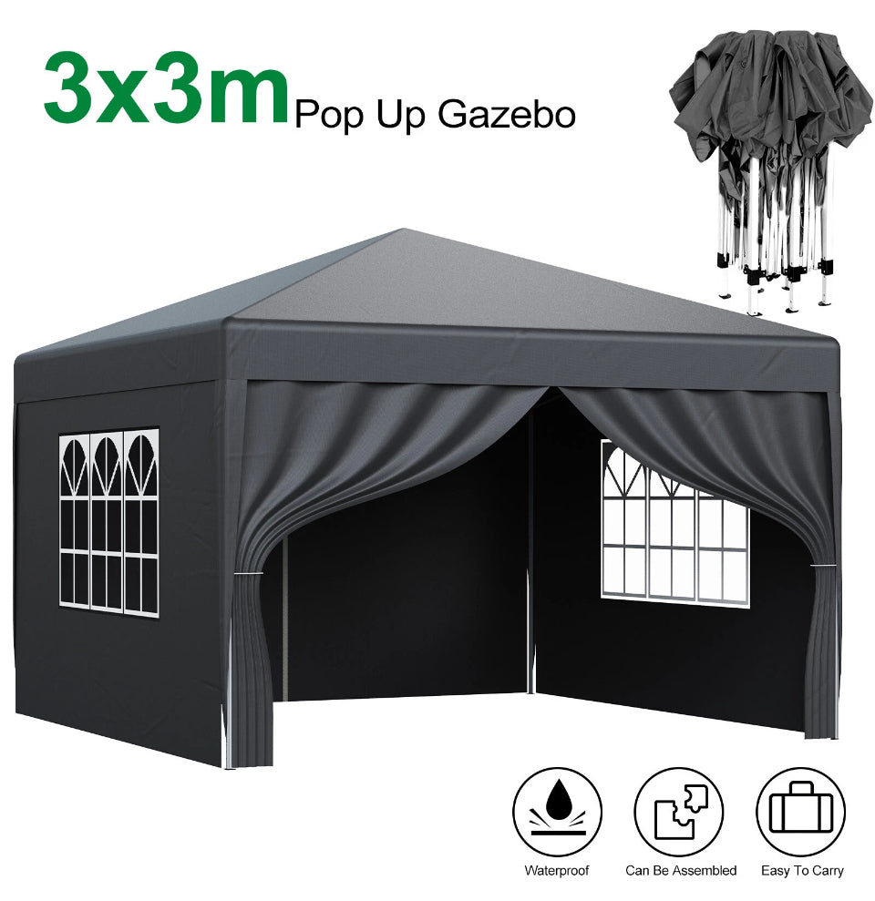 3x3M 3 Metre Pop Up Marquee Gazebo with 4 Sides Black Waterproof