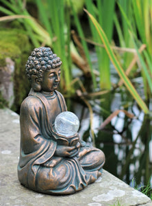 Garden Ornament Solar Buddha ZEN Colour Changing Brass Effect Outdoor or Indoor