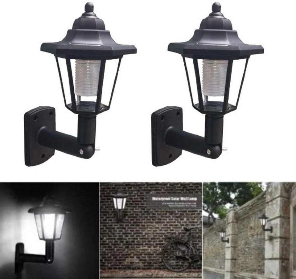 2 x Black Traditional Lantern Solar Wall Lights Outdoor Garden Fence Lighting