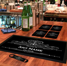 Load image into Gallery viewer, Personalised Home Bar Runner, Bottle Opener &amp; Coasters Gift Set ADD YOUR NAME TEXT