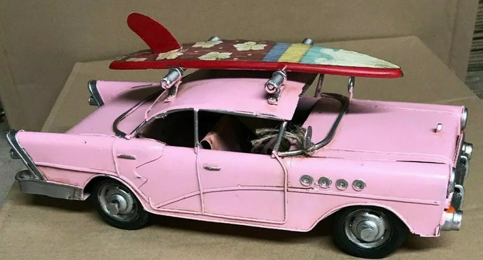 Pink or Blue Vintage Car With Surf Board Metal Retro Style Model Surf Car Shelf Ornament
