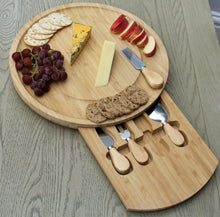 Load image into Gallery viewer, Wooden Cheese Board Oval Natural Bamboo with Slide Out Draw &amp; 4 Knives