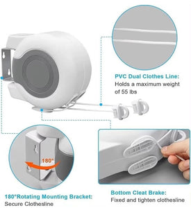 30m Retractable Clothes Reel Double Washing Line Wall Mounted Outdoor