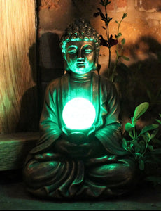 Garden Ornament Solar Buddha ZEN Colour Changing Brass Effect Outdoor or Indoor