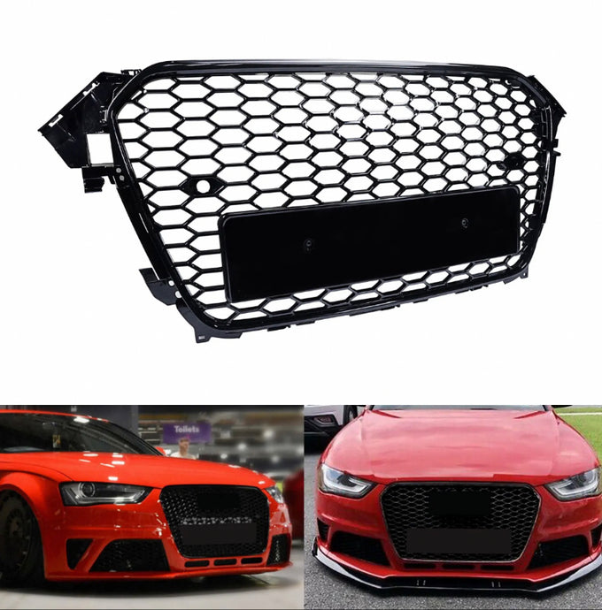 For Audi A4 B8 RS4 Style Gloss Black Honeycomb Mesh Bumper Centre Grille 2013-15 Facelift