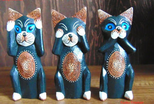 Set of 3 Hear Speak See No Evil Wooden Cat Ornaments Hand Carved & Painted Gift