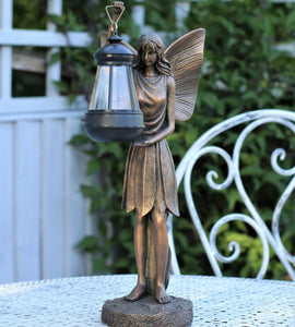 Solar Light Fairy Angel Resin Bronze Figurine Angel with Lantern
