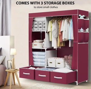 Canvas Wardrobe Fabric Clothes Hanging Rail & 3 Storage Boxes