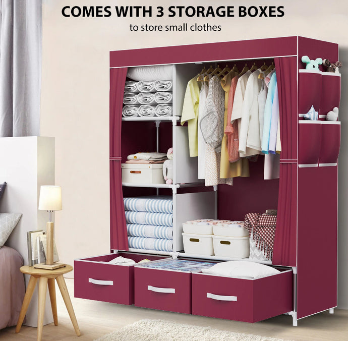 Canvas Wardrobe Fabric Clothes Hanging Rail & 3 Storage Boxes