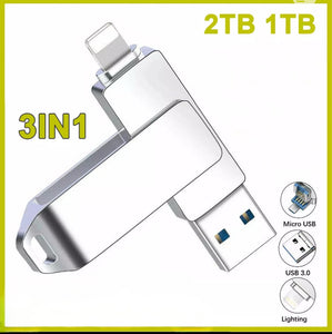 3 in 1 USB 3.0 Memory Stick 1TB / 2TB Flash Drive For iPhone PC etc