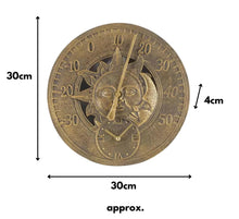 Load image into Gallery viewer, Outdoor Garden Wall Station Sun &amp; Moon Clock Copper Effect with Thermometer