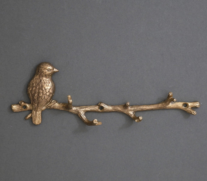 Gold Metal Bird on Branch 6 Hooks Coat Key Hanger