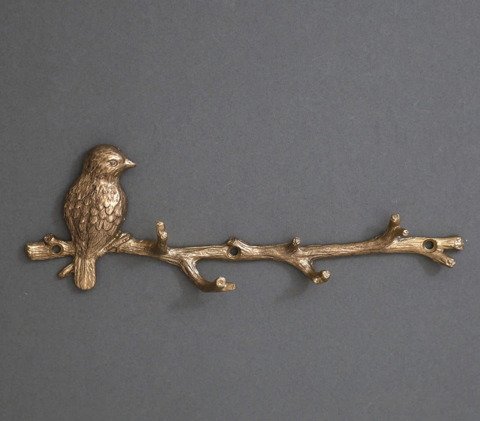 Gold Metal Bird on Branch 6 Hooks Coat Key Hanger