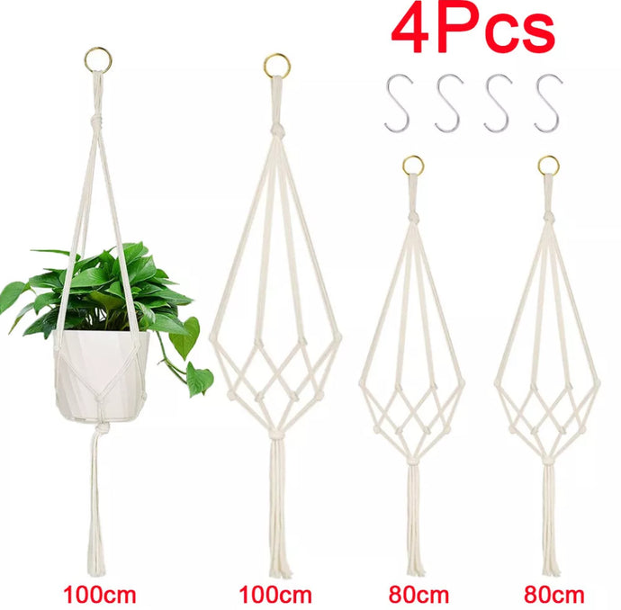 4 x Macrame Plant Hangers Hanging Pot Holders with Hooks