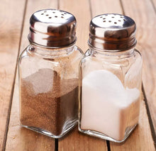 Load image into Gallery viewer, Salt and Pepper Shakers Set Glass Pots Cruet Jars with Metal Tin Storage Holder