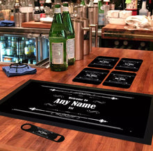 Load image into Gallery viewer, Personalised Home Bar Kit. Runner, Bottle Opener &amp; Coasters Gift Set ADD YOUR NAME TEXT