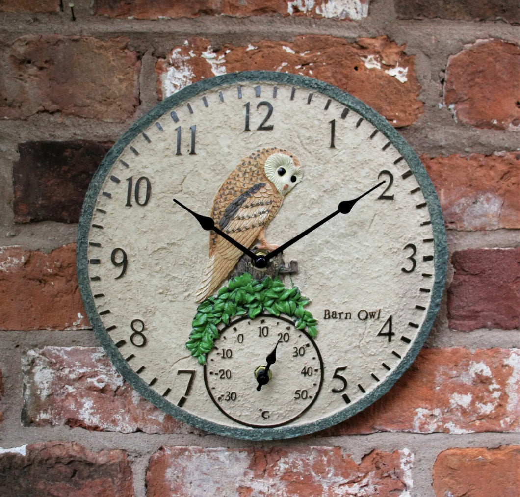 Garden Wall Station Thermometer Clock Outdoor Indoor 12” Bird Owl design