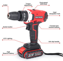 Load image into Gallery viewer, 21V Cordless Combi Hammer Drill Set Electric Impact Driver Screwdriver + 2 Batteries