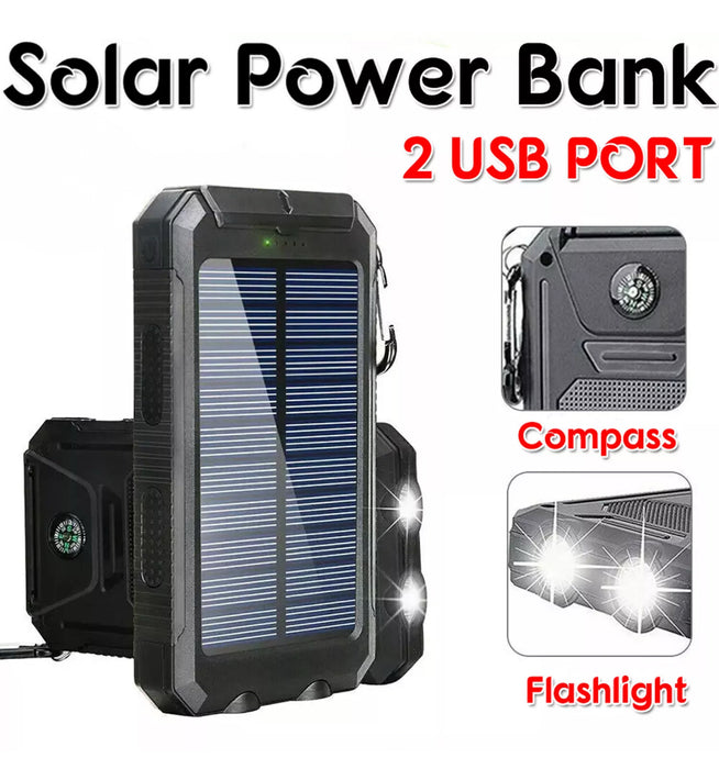 Portable Solar Power Bank Battery Charger 2USB LED Torch