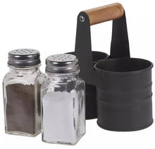 Load image into Gallery viewer, Salt and Pepper Shakers Set Glass Pots Cruet Jars with Metal Tin Storage Holder