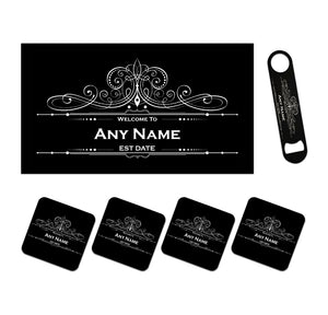 Personalised Home Bar Runner, Bottle Opener & Coasters Gift Set ADD YOUR NAME TEXT