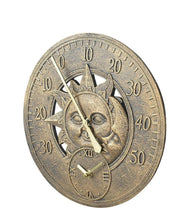 Load image into Gallery viewer, Outdoor Garden Wall Station Sun &amp; Moon Clock Copper Effect with Thermometer