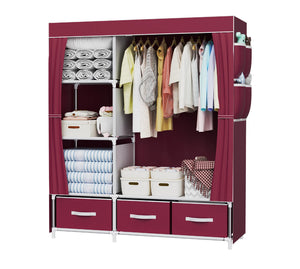 Canvas Wardrobe Fabric Clothes Hanging Rail & 3 Storage Boxes