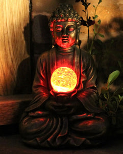 Garden Ornament Solar Buddha ZEN Colour Changing Brass Effect Outdoor or Indoor