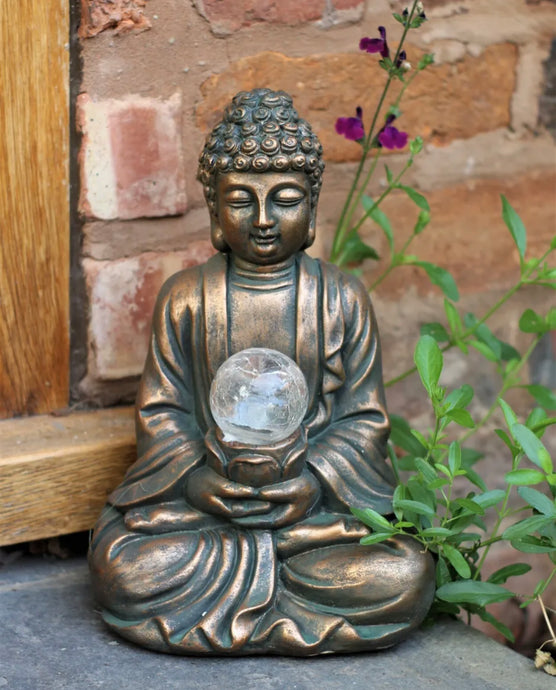 Garden Ornament Solar Buddha ZEN Colour Changing Brass Effect Outdoor or Indoor