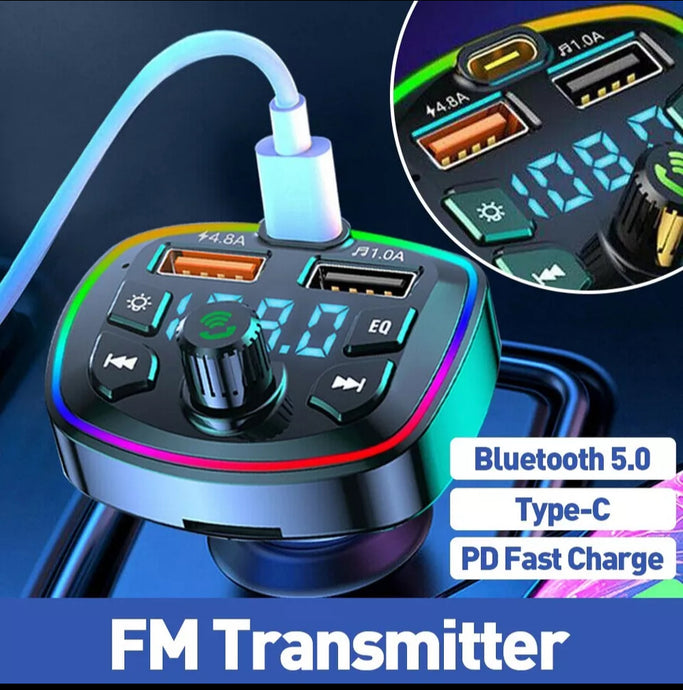 Car Handsfree Bluetooth Kit, FM Transmitter, MP3 Player, USB & Type C Charger