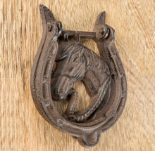 Load image into Gallery viewer, Antique Style Cast Iron Horse Horseshoe Door Knocker
