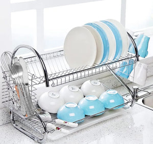 2 Tier Dish Drainer Rack Holder With Drip Tray