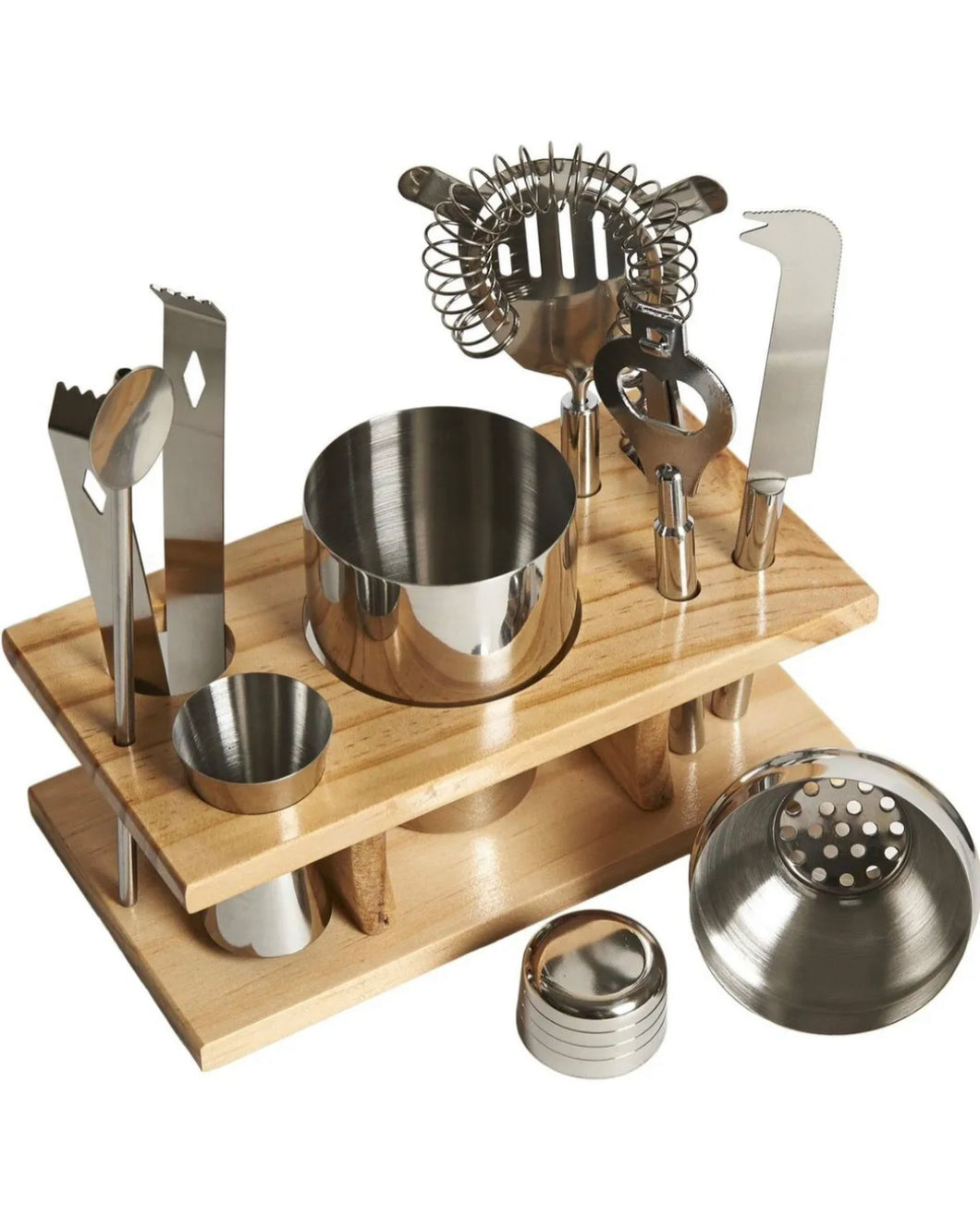 10 Piece Cocktail Maker Stainless Steel Bar Set with Wooden Display Stand+Recipe