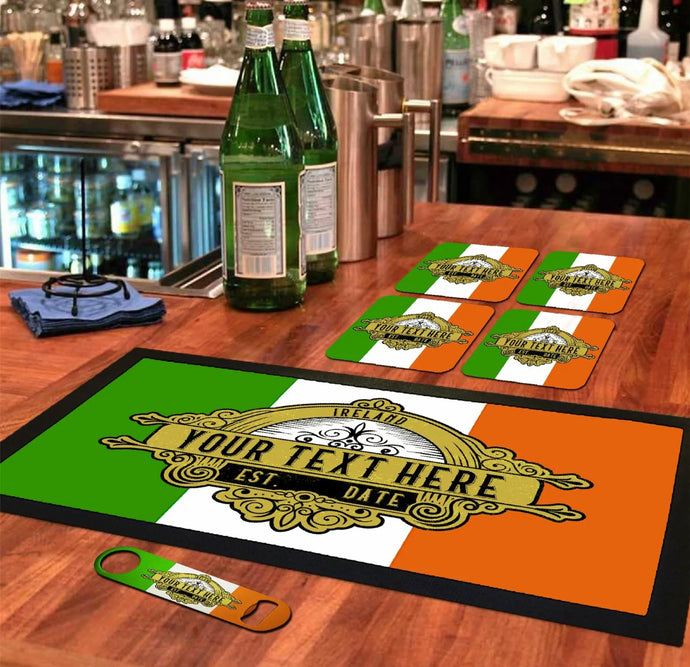 Personalised Ireland Flag Home Bar Runner, Bottle Opener & Coasters Set