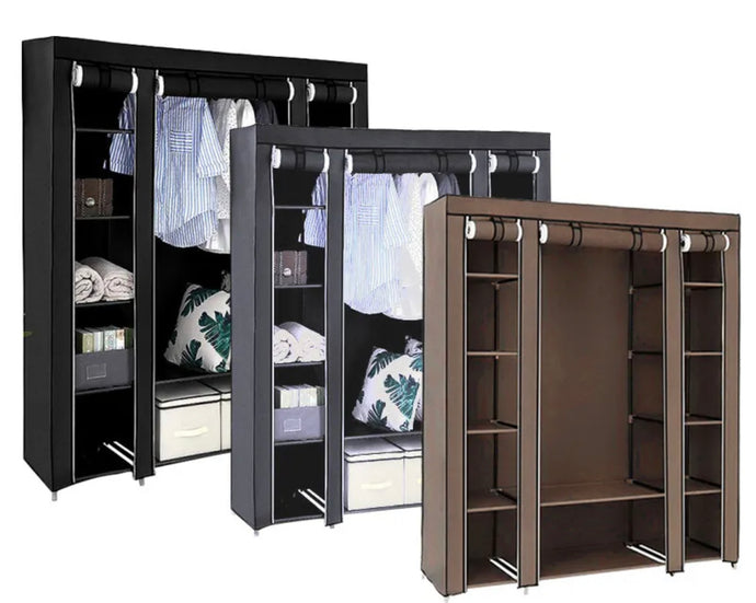 Large Canvas Fabric Wardrobe With Clothes Hanging Rail Shelving Storage