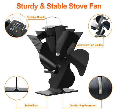 4 Blade Stove Top Fan for Stove, Log Burner, Fireplace etc