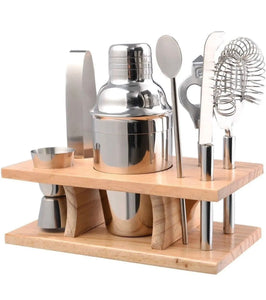 10 Piece Cocktail Maker Stainless Steel Bar Set with Wooden Display Stand+Recipe