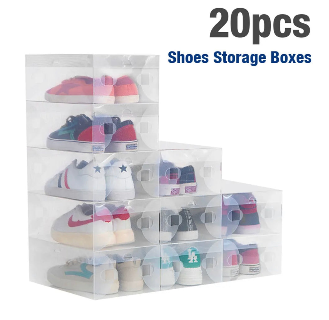20 x Clear Plastic Shoe Storage Boxes Stackable Foldable Box Organiser