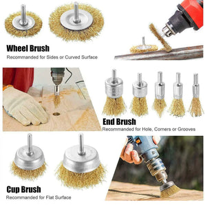 9Pcs Brass Coated Wire Cleaning Wheel Cup Brush Drill Attachment Bit Kit Tool