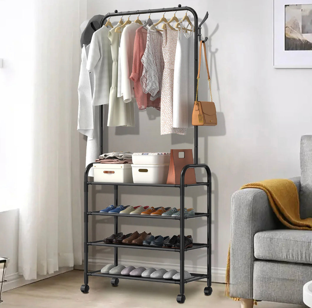 Compact 4 Tier Shoe & Hat Stand Clothes Rail Rack, Shelves With Wheels