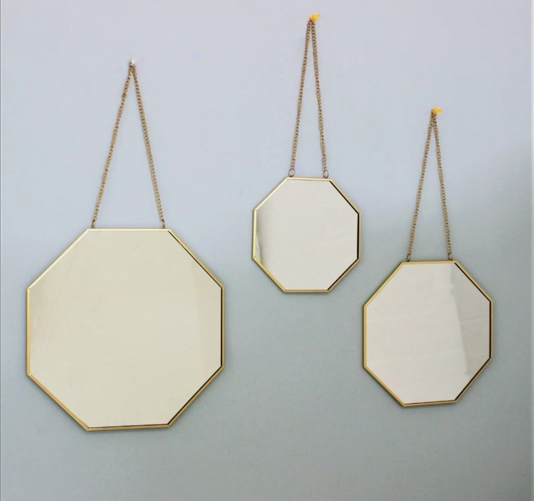 Set of 3 Octagonal Geometric Mirror Wall Hanging Golden Frame