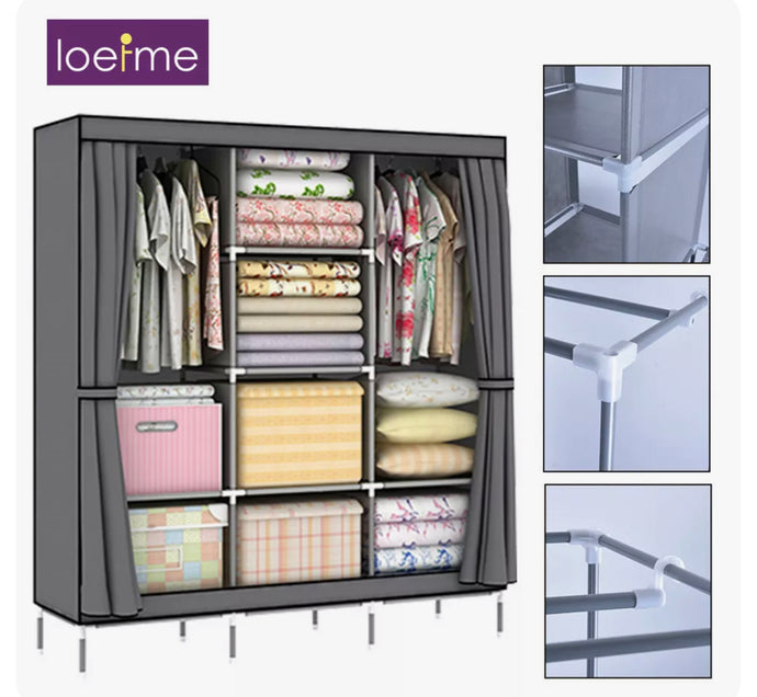 LOEFME Large Canvas Fabric Wardrobe With Clothes Hanging Rail Storage Cupboard