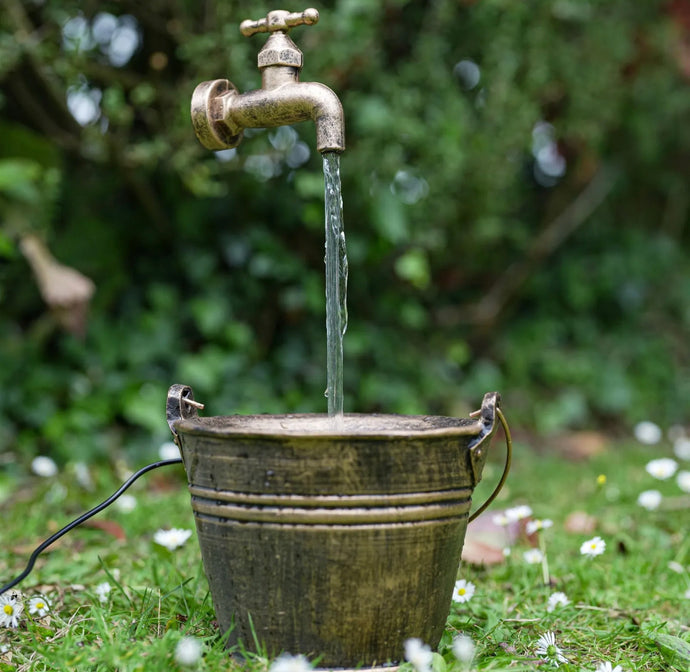 Solar Powered Fountain Water Feature LED Light Garden Bucket & Tap