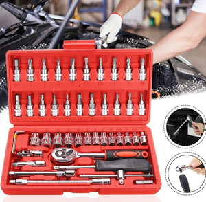 46PCS Car Ratchet Torque Wrench Kit Hand Tools 1/4-Inch Spanner Socket Set