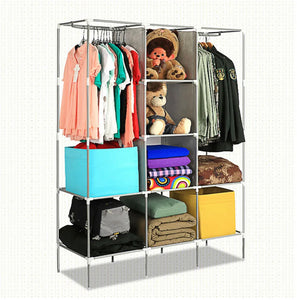 LOEFME Large Canvas Fabric Wardrobe With Clothes Hanging Rail Storage Cupboard