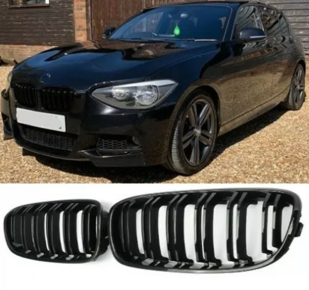 Gloss Black Front Kidney Grilles Grills Double Line For BMW F20 F21 Pre LCI 1 Series 2011-2014