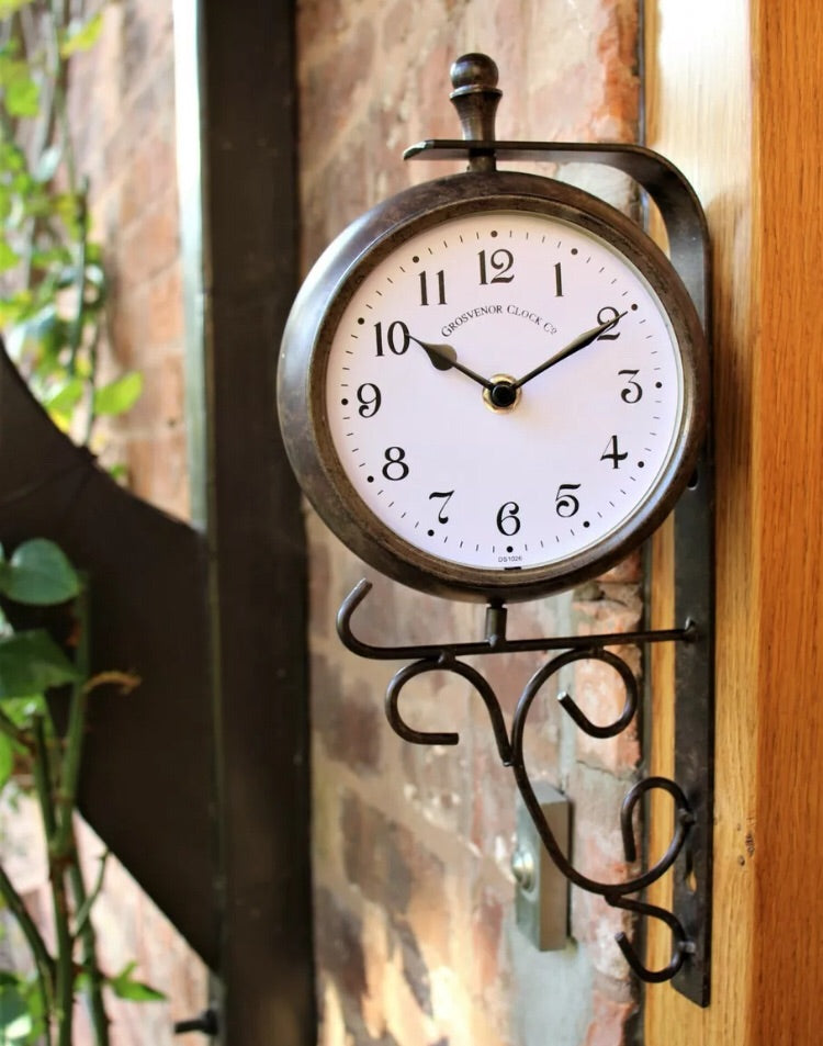 Garden Station Wall Clock Thermometer Double sided Swivels Vintage Style